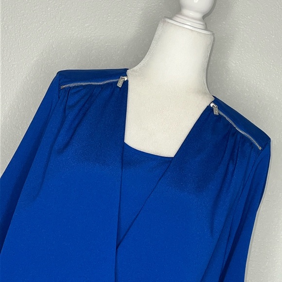 CALVIN KLEIN Cobalt / Royal Blue Faux Wrap
Silver Zipper Accents Chiffon Blouse - Picture 2 of 7